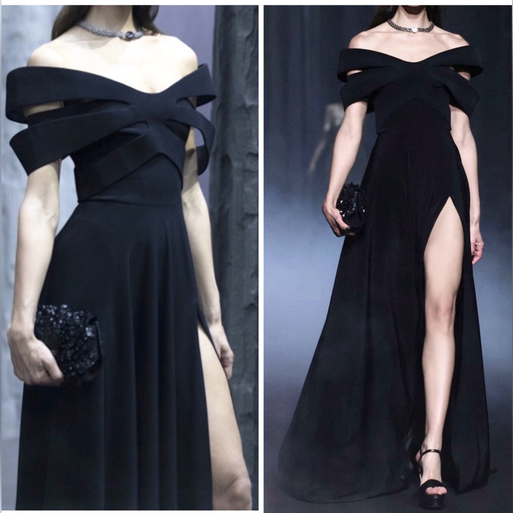GEORGES HOBEIKA Crepe Gown with Structured Bow Black Maxi Dress